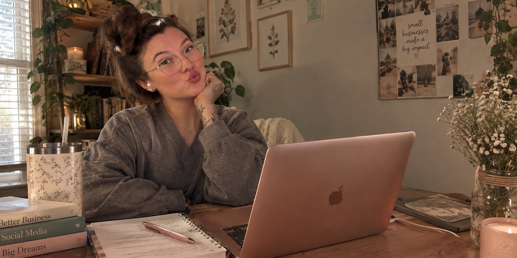 Woman working at a desk with a rose gold laptop, planner, books, flowers, and cozy home office decor