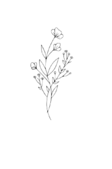 Line drawing of a small bouquet of flowers with three blooms and leaves on a black background.