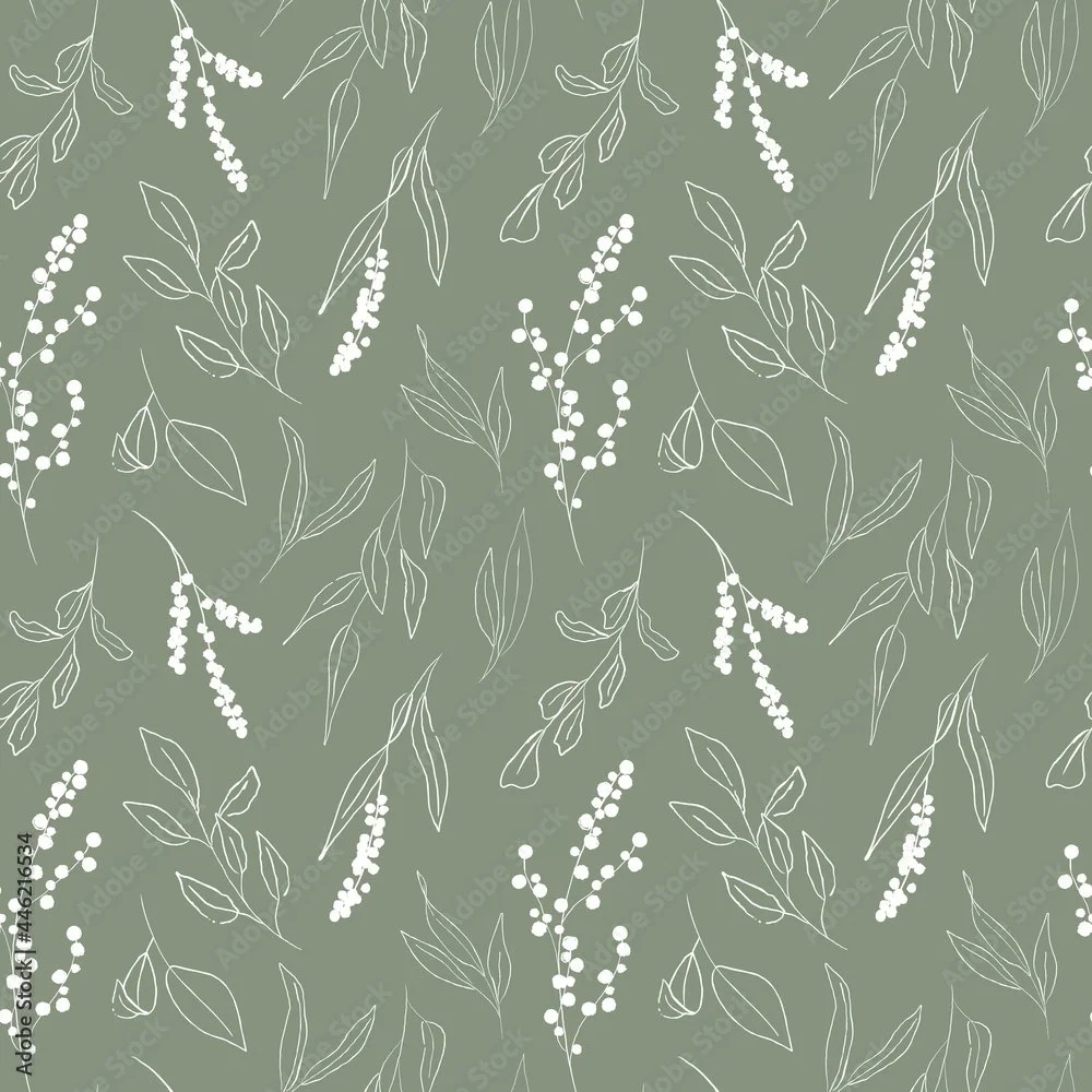 Seamless sage green botanical pattern with white line-drawn leaves and flowering branches