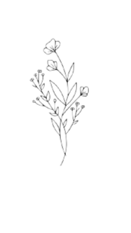 Line drawing of a bouquet of flowers with three different types of blooms and leaves.