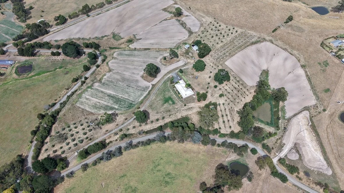 Aerial view of a rural farm with fields, orchards, small ponds, and a few buildings surrounded by trees.