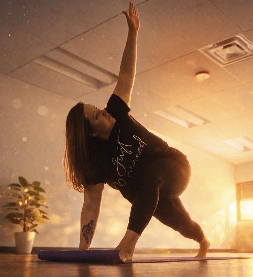 A woman practicing yoga indoors during sunrise or sunset, performing a side plank pose with her left hand raised. She has long dark hair, wears a black t-shirt with white text, black pants, and sports a tattoo on her left arm. There is a potted plant on the left side and sunlight streaming through a window in the background.