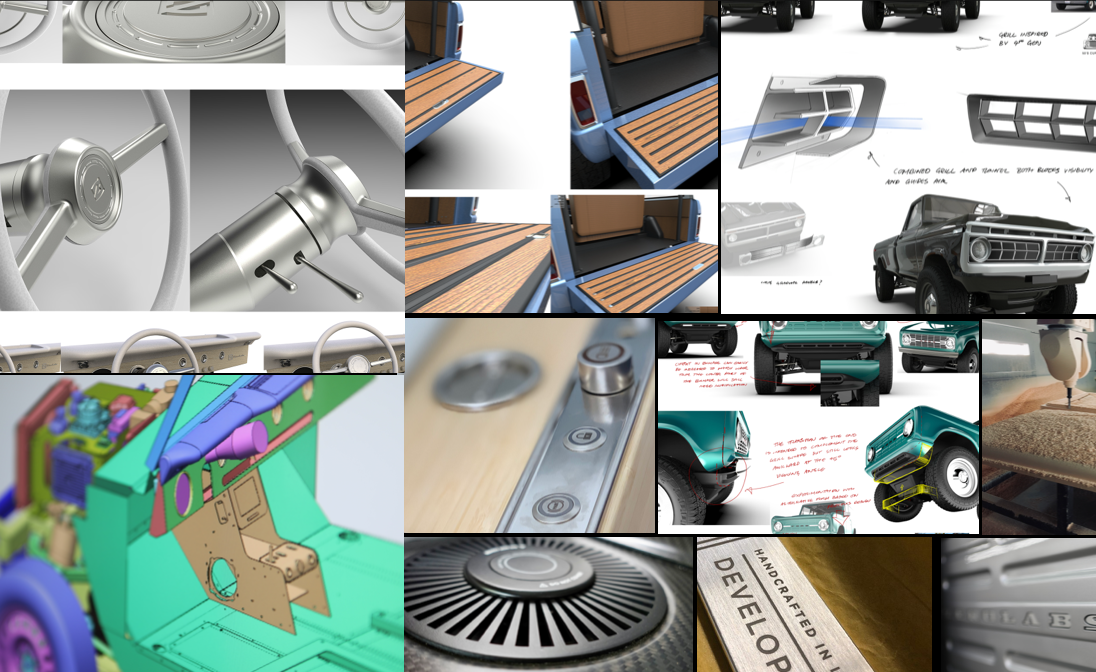 A collage of various vehicle parts and design sketches, including car dashboards, steering wheels, vehicle interiors, detailed component diagrams, and CAD models.