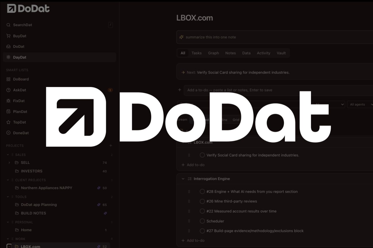 Screenshot of a computer screen displaying the DoDat logo and application interface with a sidebar menu on the left and main content area on the right.