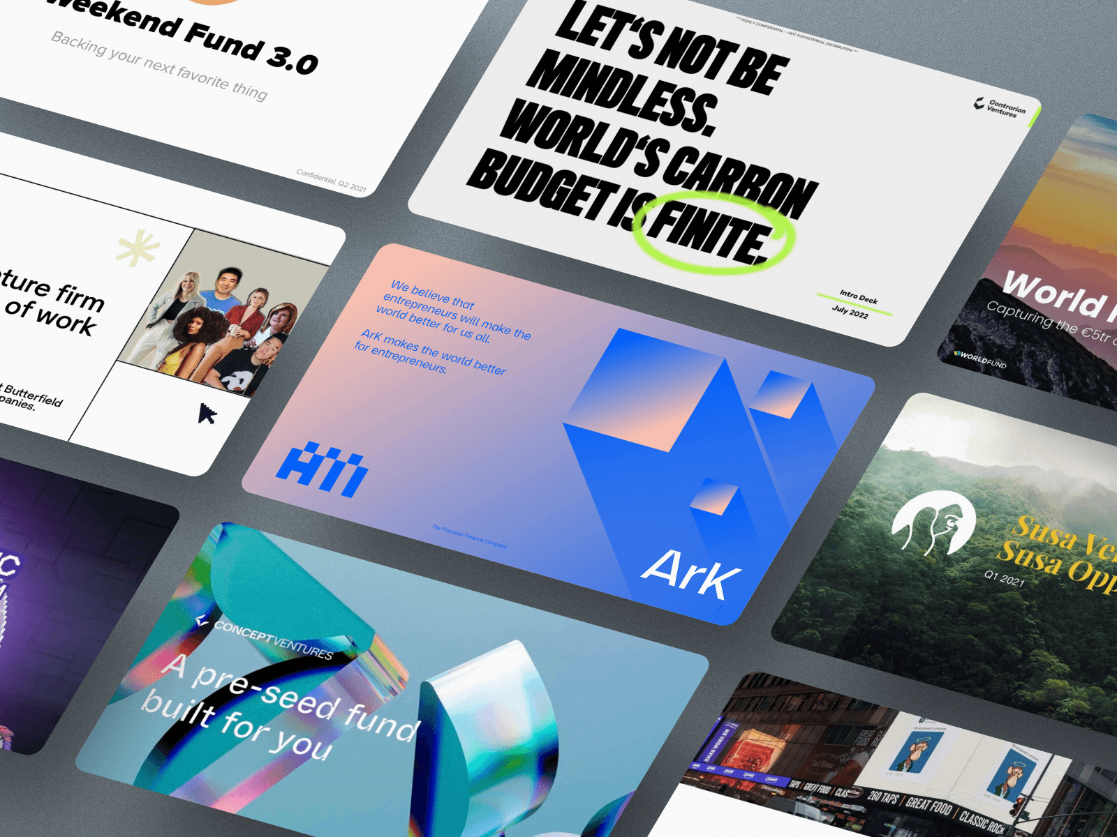 Multiple presentation slides laid out on a surface, featuring text, logos, and images related to finance, investments, and entrepreneurship, including titles like "Weekend Fund 3.0" and "LET'S NOT BE MINDLESS. WORLD'S CARRON BUDGET IS FINITE."