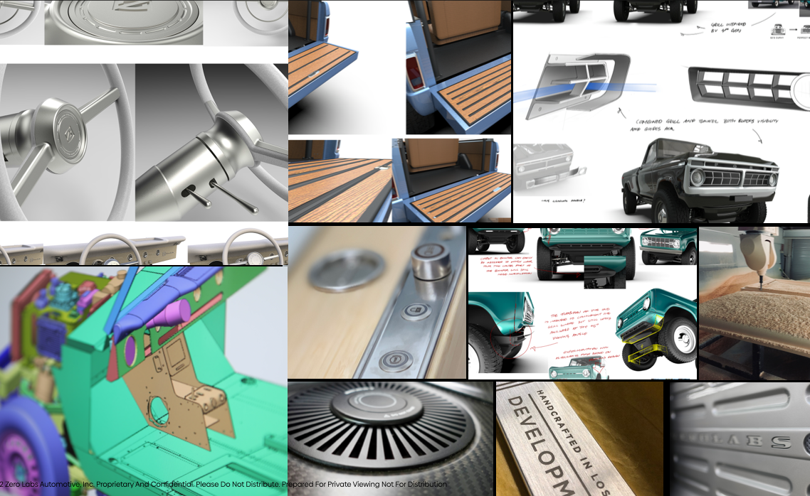 Collage of automotive design and manufacturing images, including car interior parts, engine components, car body sketches, and production prototypes.