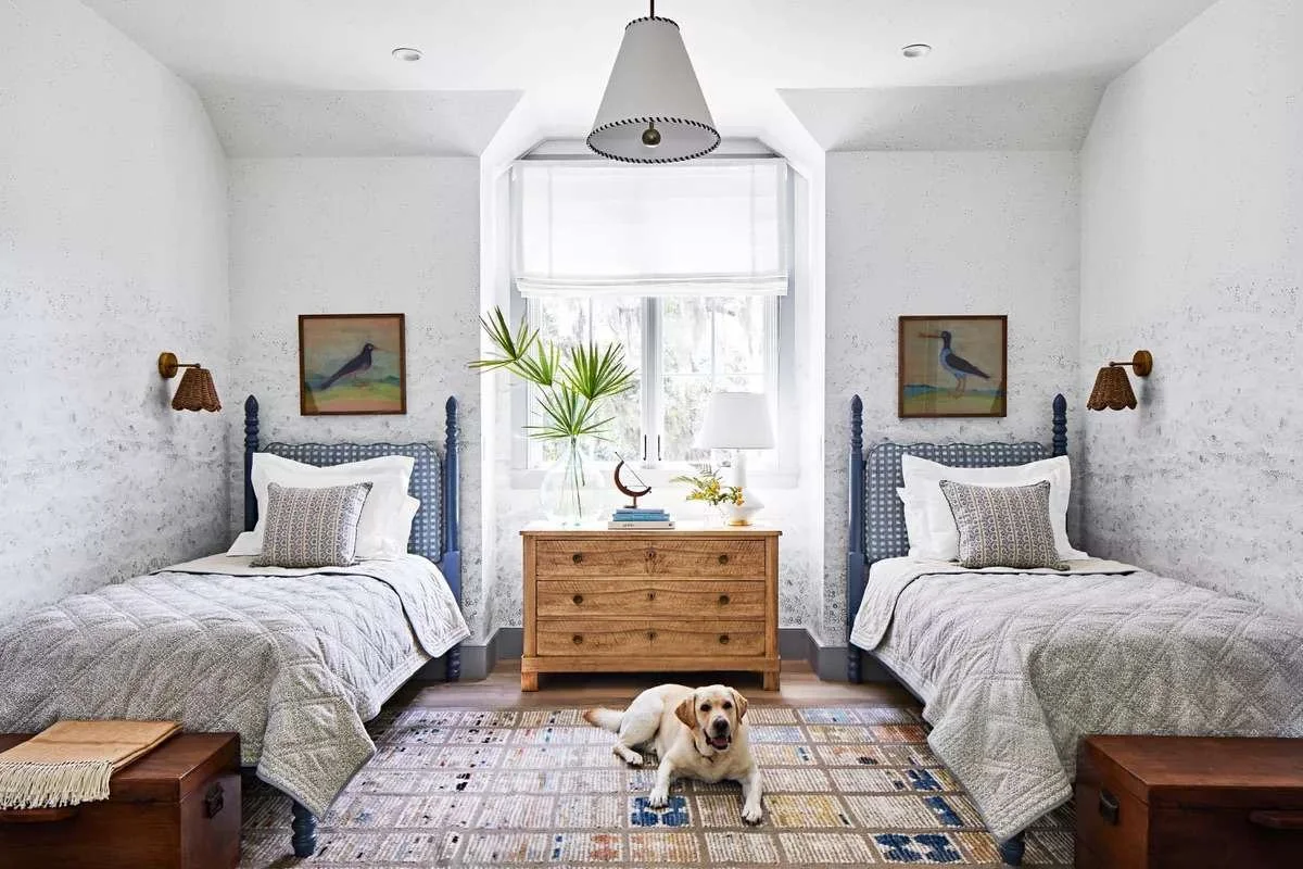 A bedroom with two twin beds, a wooden dresser, a window with white shades, and a dog lying on a patterned rug.