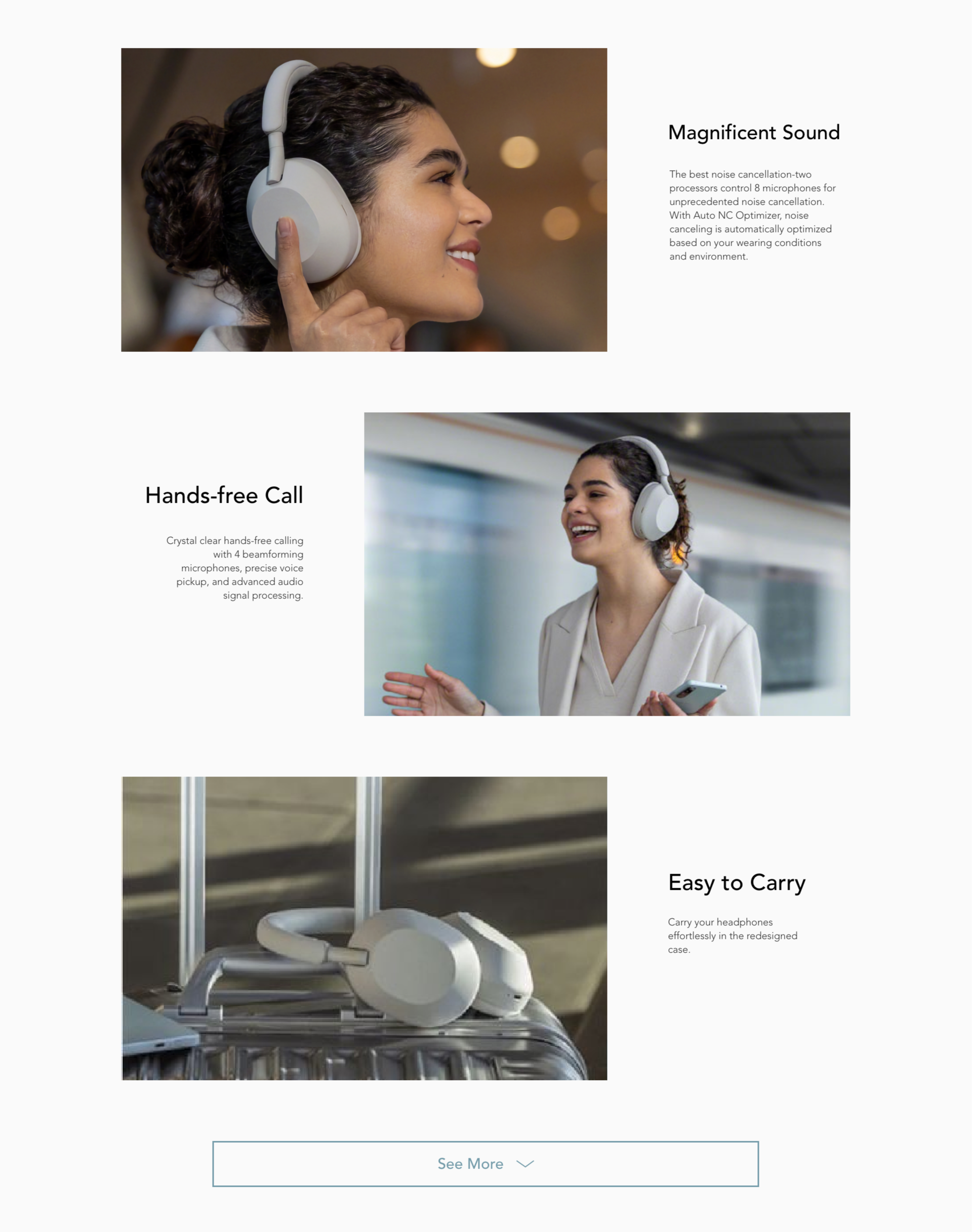 Three images of women wearing white over-ear wireless headphones, with accompanying descriptive text highlighting sound quality, hands-free calling, and portability.