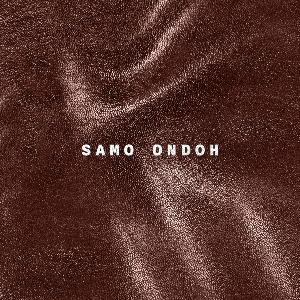 Close-up of brown leather material with the words "SAMO ONDOH" in white text.