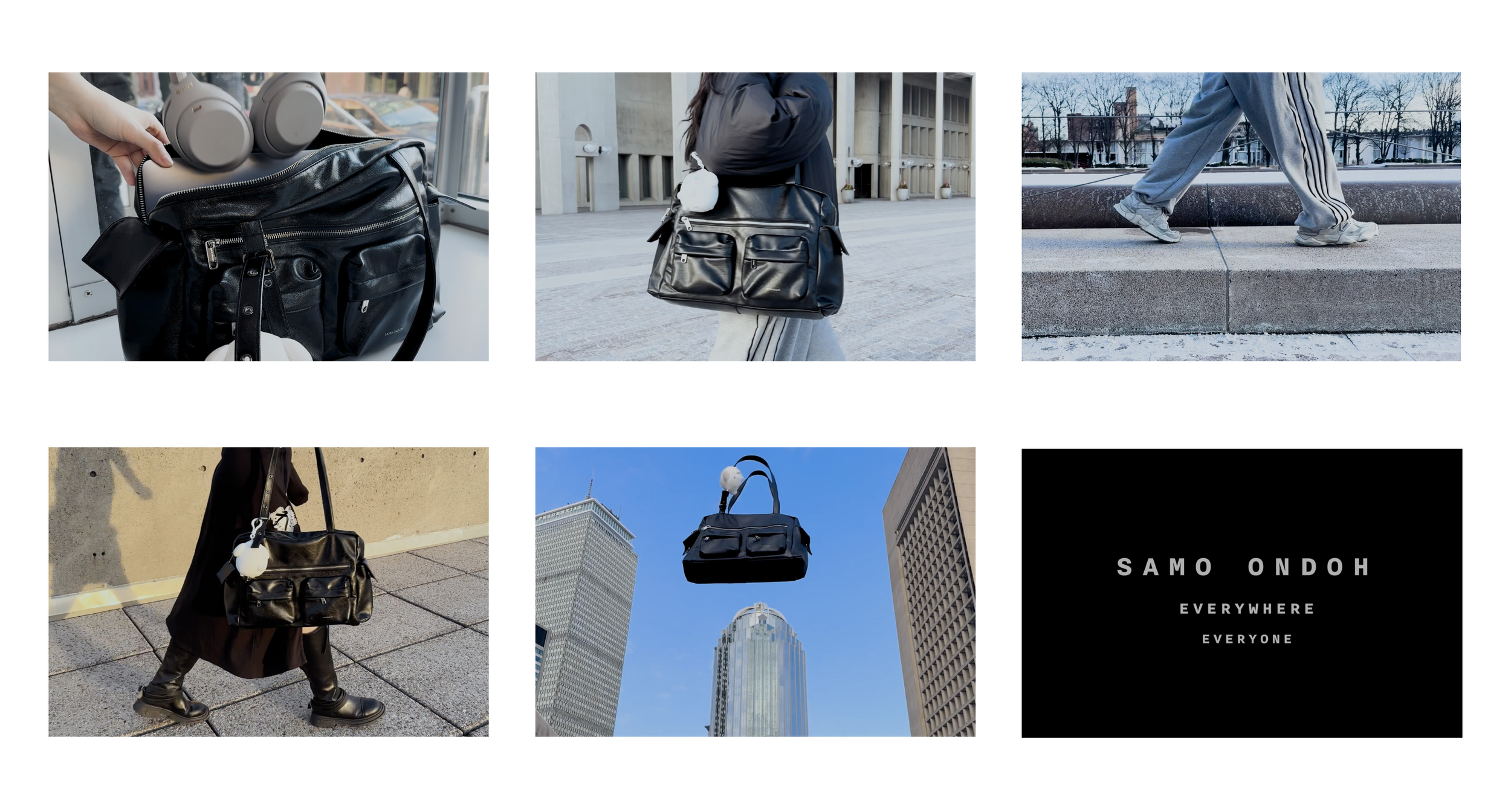 A collage of six images featuring a black leather bag with white spherical keychain. The bag is shown in different settings: on a train seat, carried by a person outdoors, on a ledge, hanging from a person’s shoulder walking, floating in the air between skyscrapers, and the last image displays the text "SAMO ONDOH" with the words "EVERYWHERE" and "EVERYONE" on a black background.