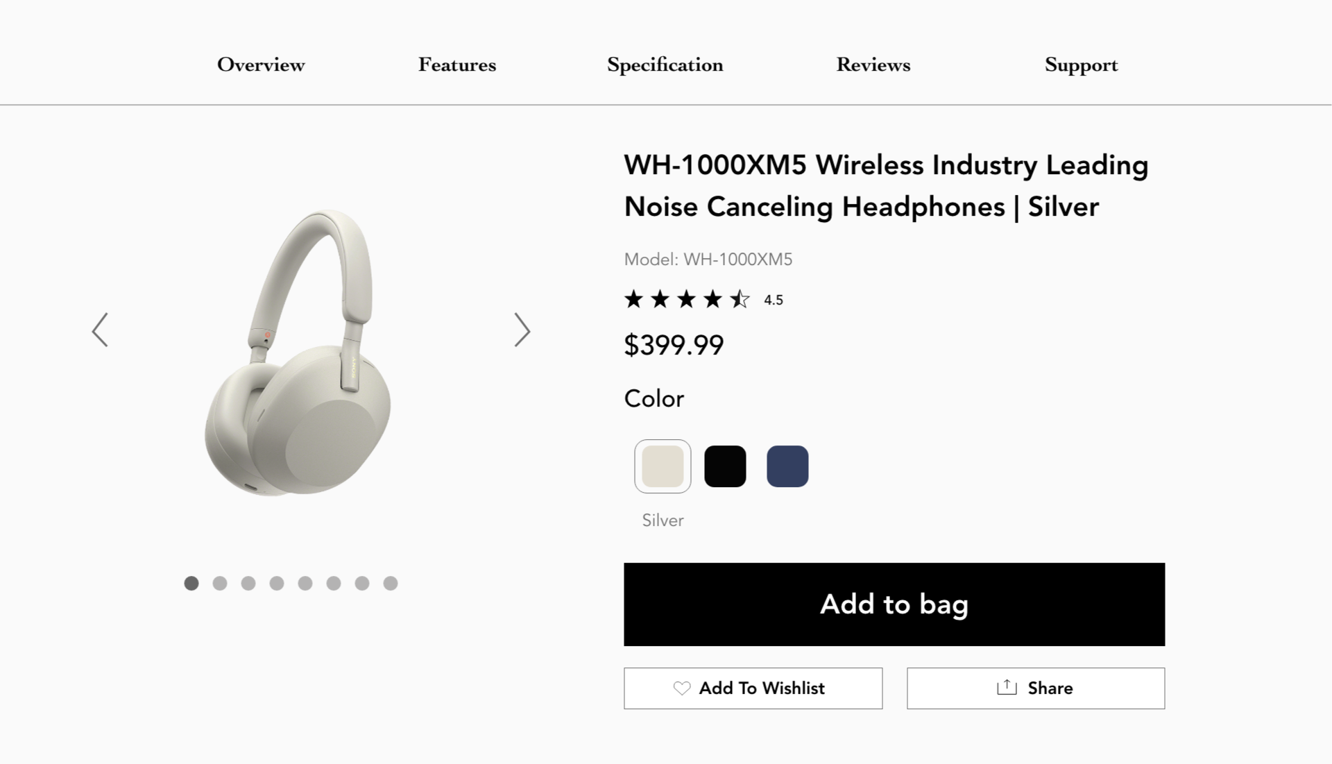 Product page for WH-1000XM5 Wireless Noise Cancelling Headphones in silver, showing a front view of the headphones, price $399.99, rating 4.5 stars, and options for color, with buttons to add to cart, wishlist, and sharing.