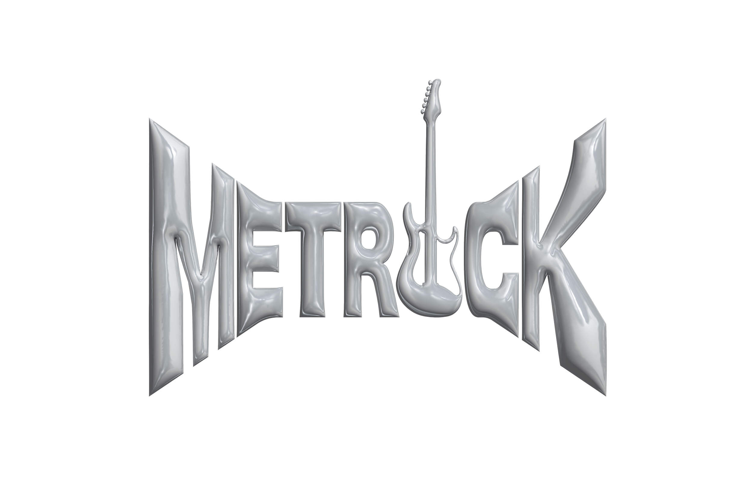 3D metallic design of the word "Metro Rick" with a guitar in the center, set against a black and white background.