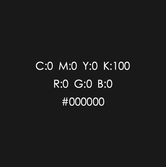 Black background with white text displaying color values in CMYK and RGB, and hexadecimal code #000000.