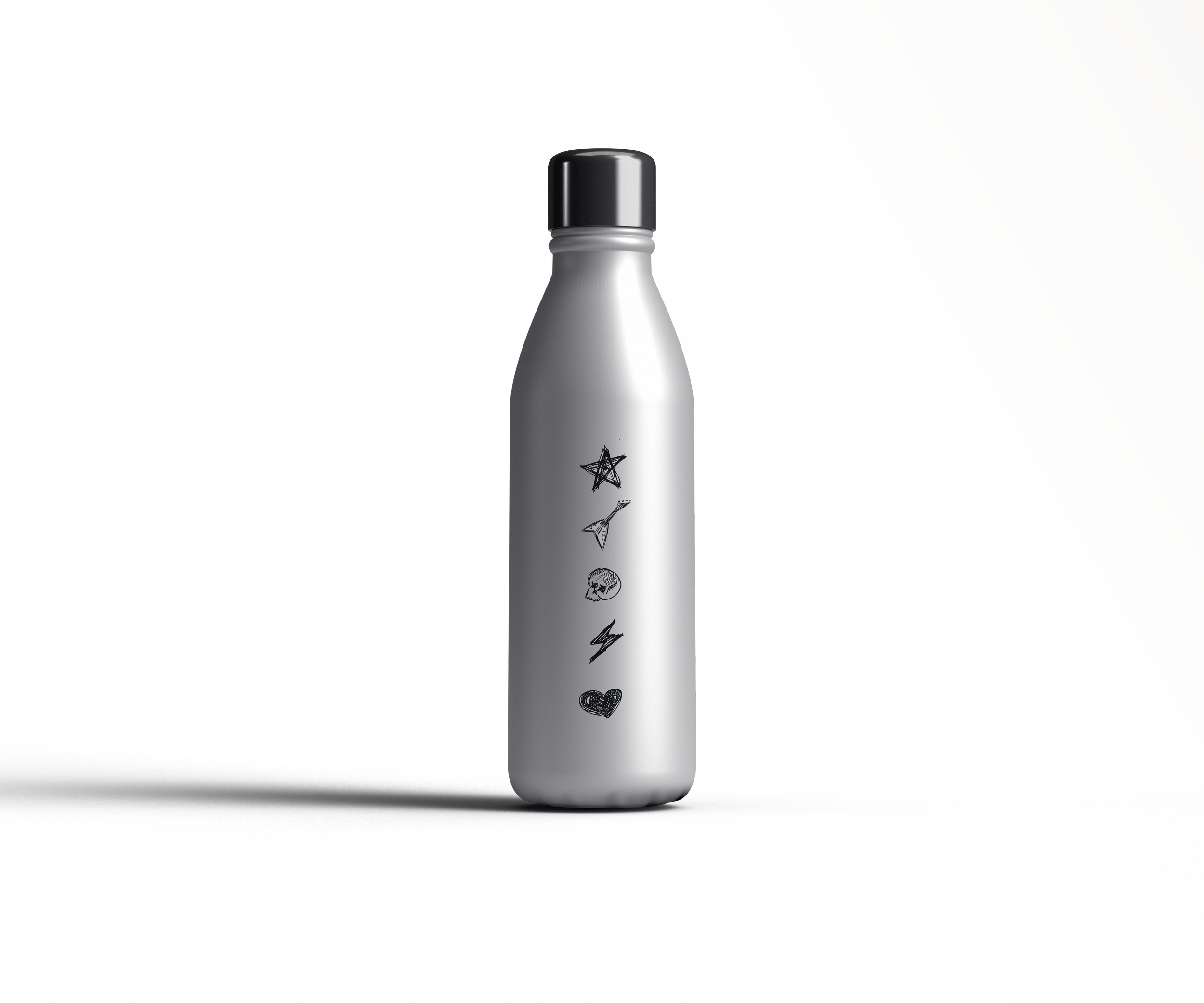 A silver water bottle with black cap, featuring various doodle icons including a star, arrow, skull, lightning bolt, and heart, placed on a textured surface against a diagonally divided black and white background.