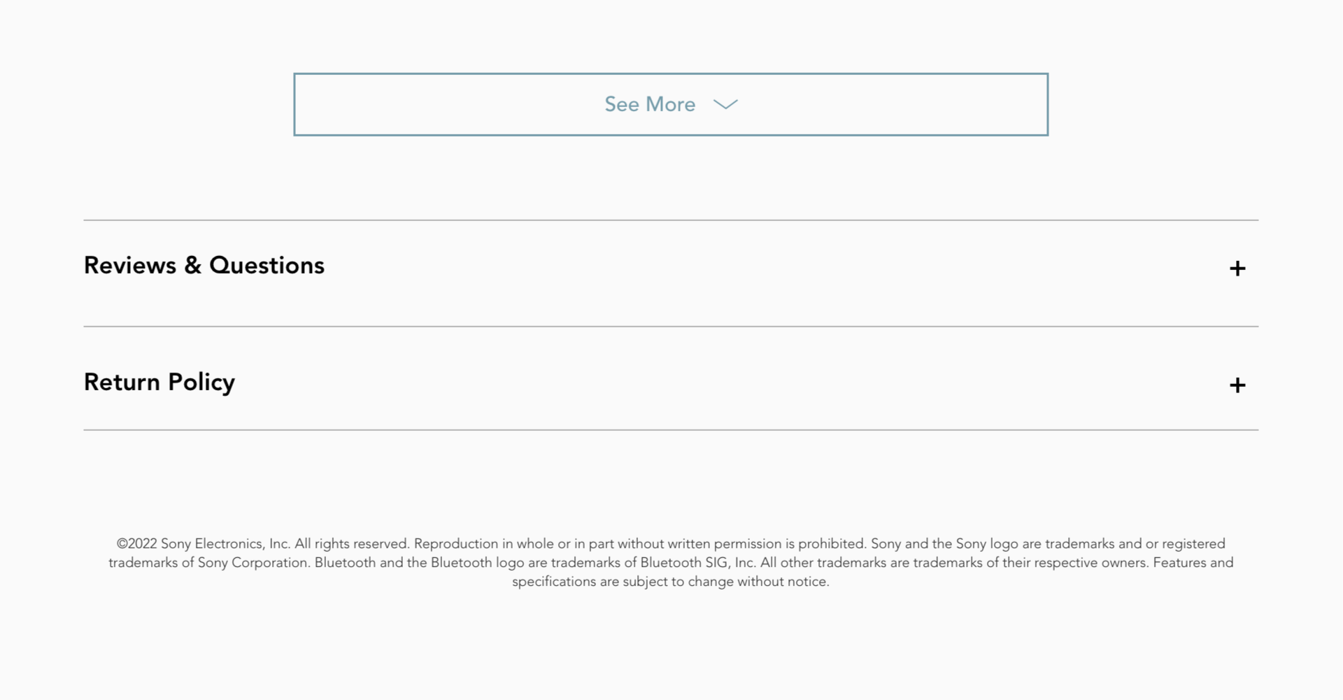 A webpage from Sony Electronics featuring sections for Reviews & Questions and Return Policy, with a "See More" button at the top and legal disclaimer at the bottom.