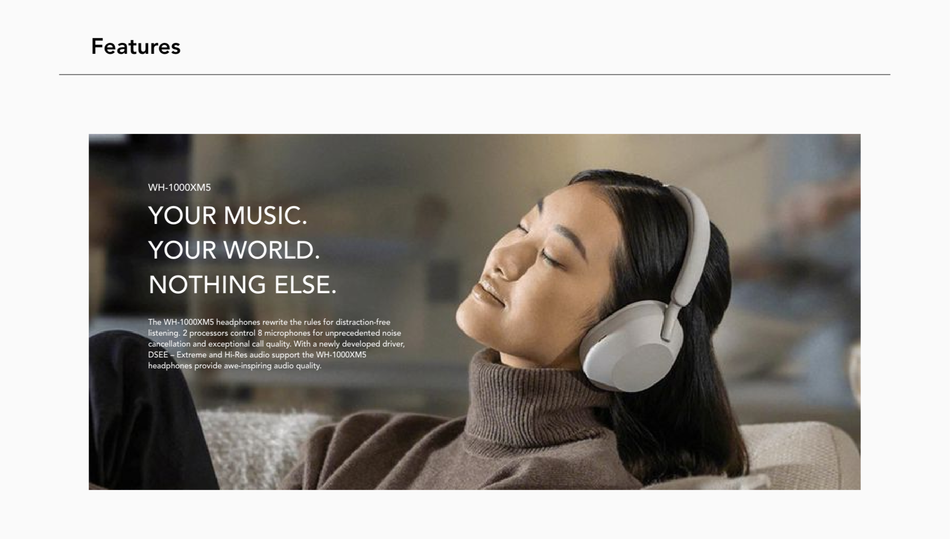 A woman relaxing on a couch with her eyes closed wearing white over-ear headphones, with promotional text about headphones on the left.
