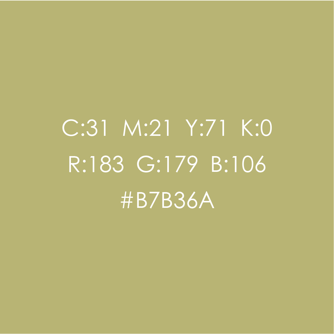 This image displays color code information including RGB (183, 179, 106), CMYK (31, 21, 71, 0), and HEX (#B7B36A), with a background in olive green.