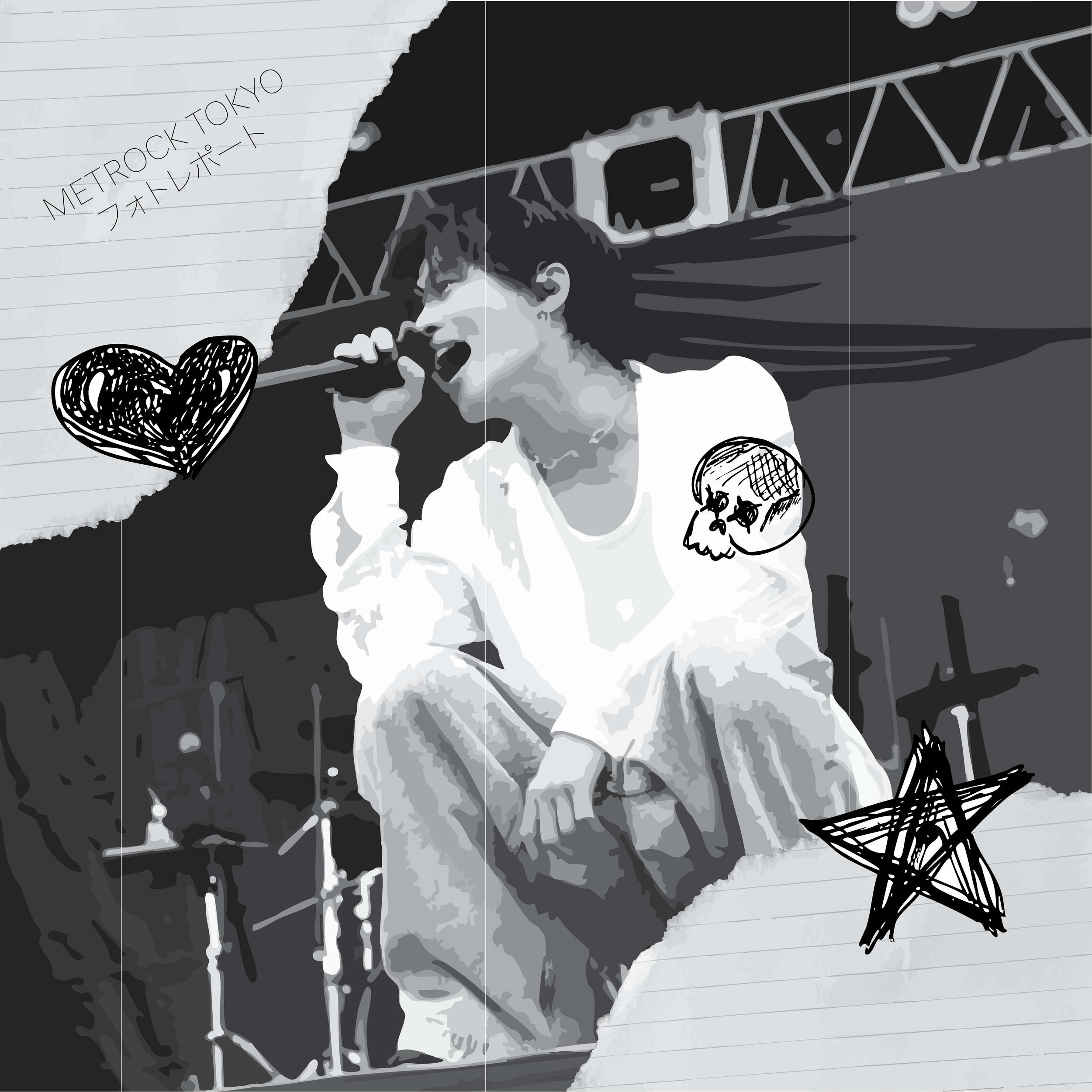 A black and white illustration of a young man singing into a microphone on stage, with hand-drawn doodles including a heart, a skull, a star, and a speech bubble with the text 'METROCK TOKYO' and Japanese characters.