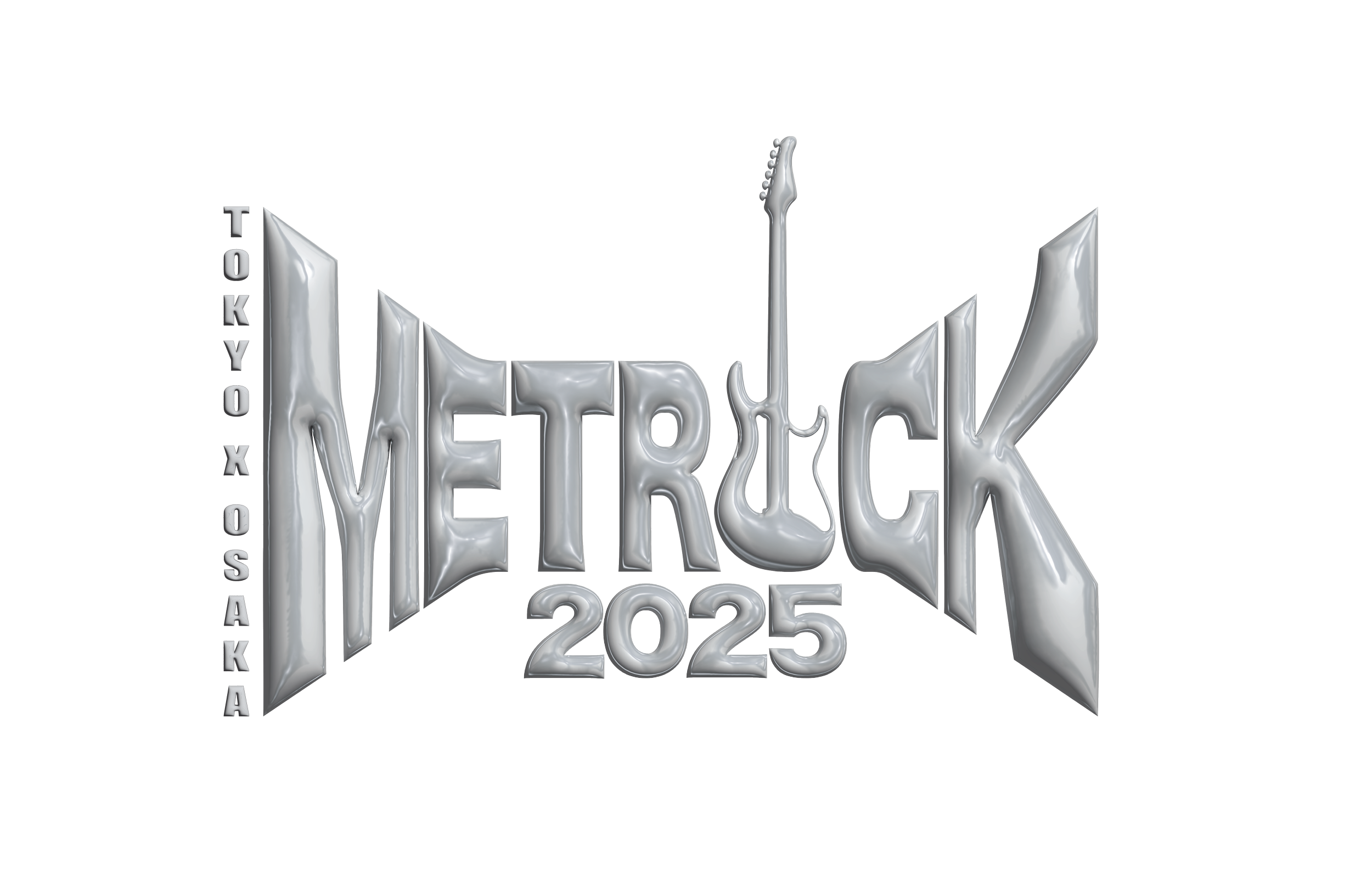 Silver metallic text reading 'Metrock 2025' with stylized 3D design on a black background, and vertical text on the left side reading 'TOKYO SX OSAKA'.