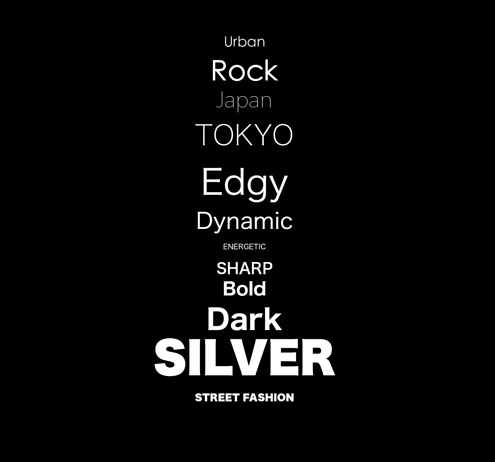 Black background with various white words describing style traits, including 'Urban', 'Rock', 'Japan', 'Tokyo', 'Edgy', 'Dynamic', 'Energetic', 'Sharp', 'Bold', 'Dark', 'Silver', and 'Street Fashion' in different font sizes and styles.