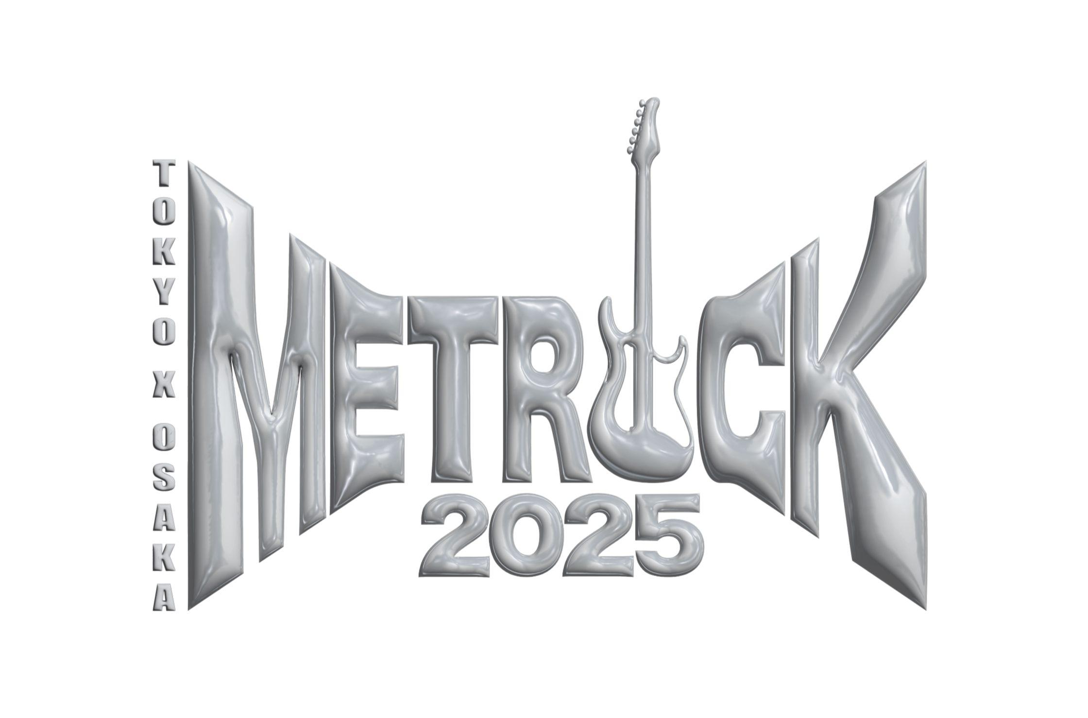 Silver metallic 3D text reading 'METRICK 2025' with vertical 'TOKYOOSAKA' on the left side, set against a black background.