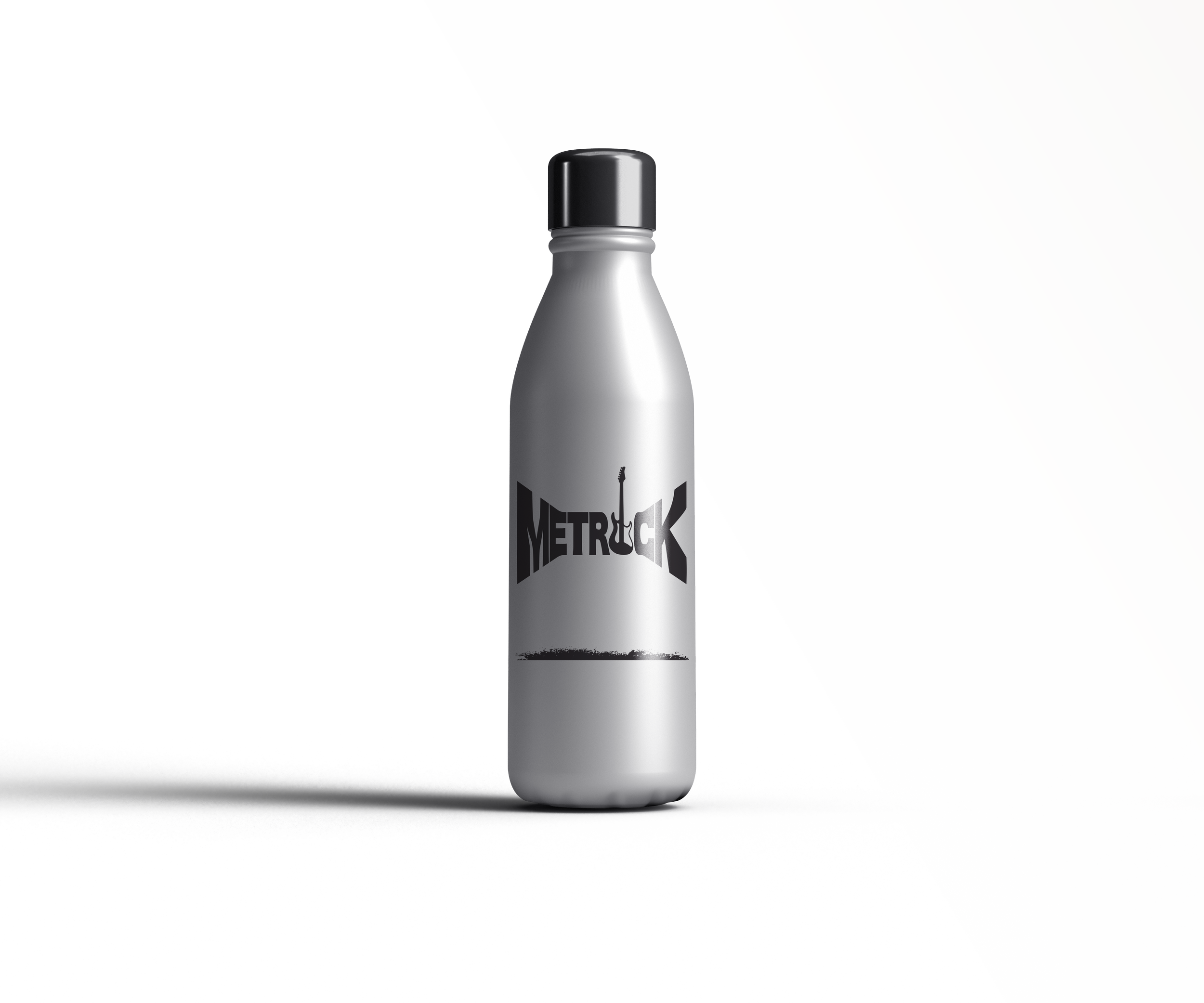A silver metallic bottle with a black cap, labeled 'METRICK' with a stylized guitar in the middle, placed on a textured surface against a background divided into a dark left side and a white right side.