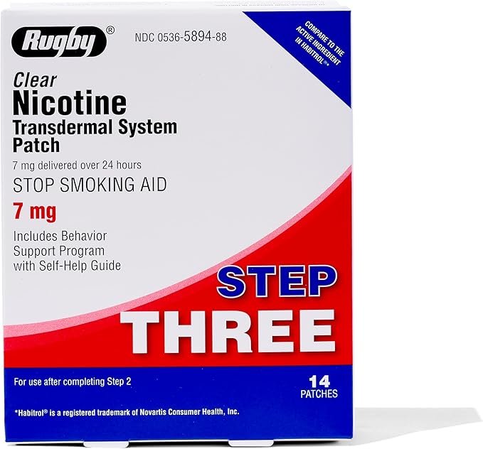 Rugby Clear Nicotine Patches - 7mg Transdermal System Patch - Smoking or Vaping Quitting Aid - Step 3 - (1 Pack)