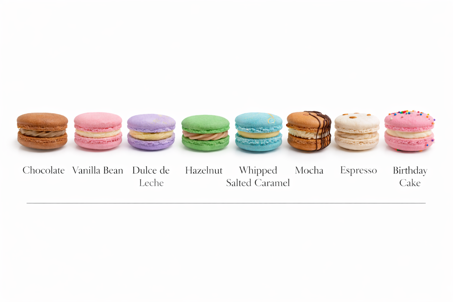 Signature French macaron flavor collection by Mondelo Bake Shop in Miami featuring chocolate, vanilla bean, dulce de leche, hazelnut, whipped salted caramel, mocha, espresso, and birthday cake. (Copy)