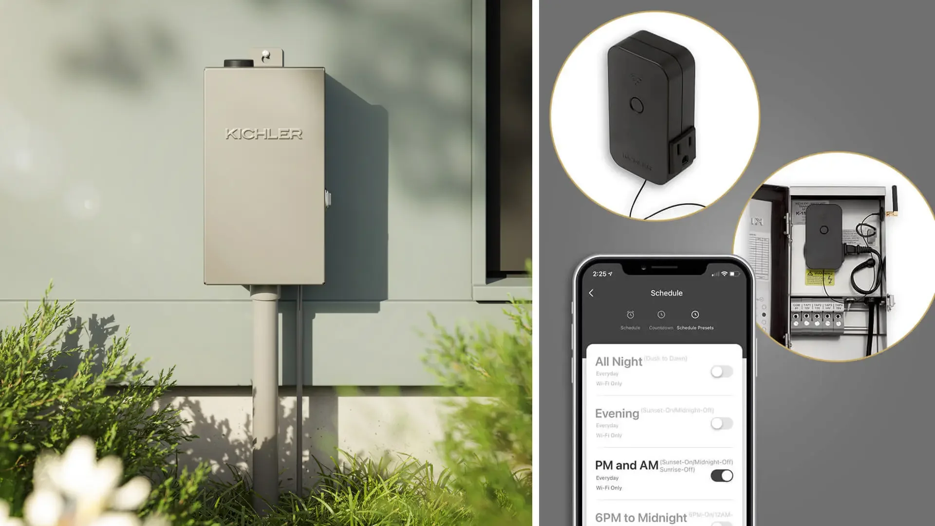 A smart irrigation controller and its components, including a power adapter, a smartphone app showing scheduling options, and the control box installed outside on a house wall.