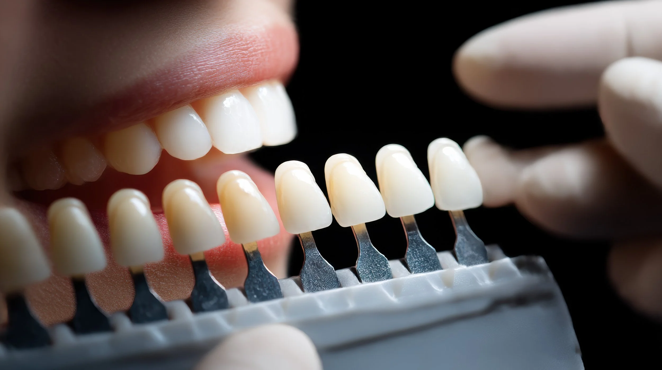 Close-up of a person's mouth open during dental color matching, showing teeth and a dental shade guide.