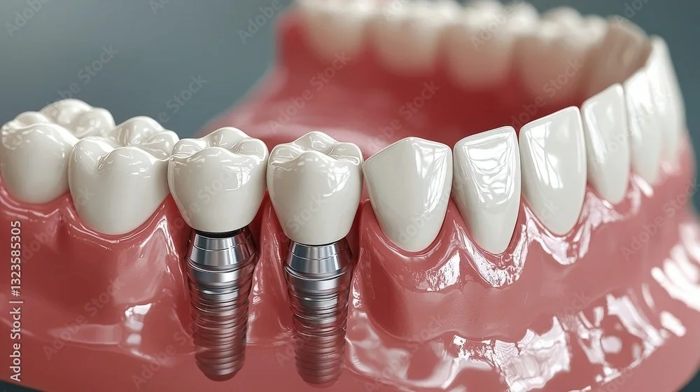 Close-up of a dental model showing dental implants and crowns in the lower jaw.