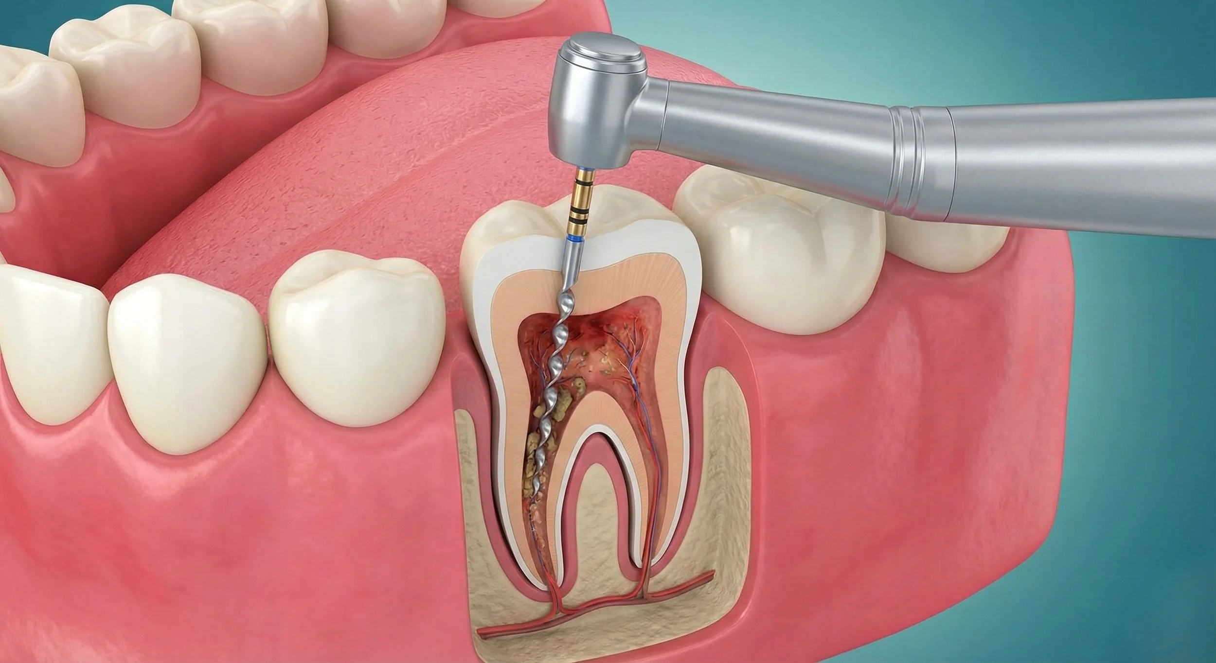 A tooth undergoing root canal treatment with a dental drill inside the tooth's pulp chamber, showing the root canals and surrounding tissue.