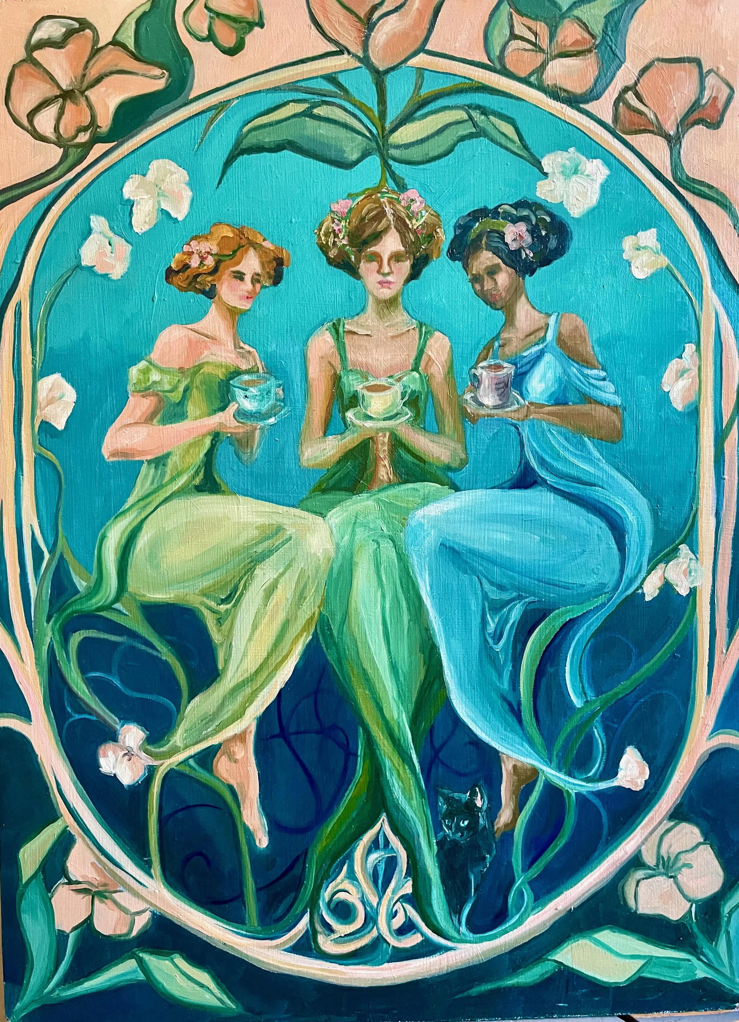 Painting of three women with floral hair accessories sitting inside a circular frame surrounded by flowers and vines, holding cups, with a black cat at their feet. Symbolism of the Three of Cups tarot card.