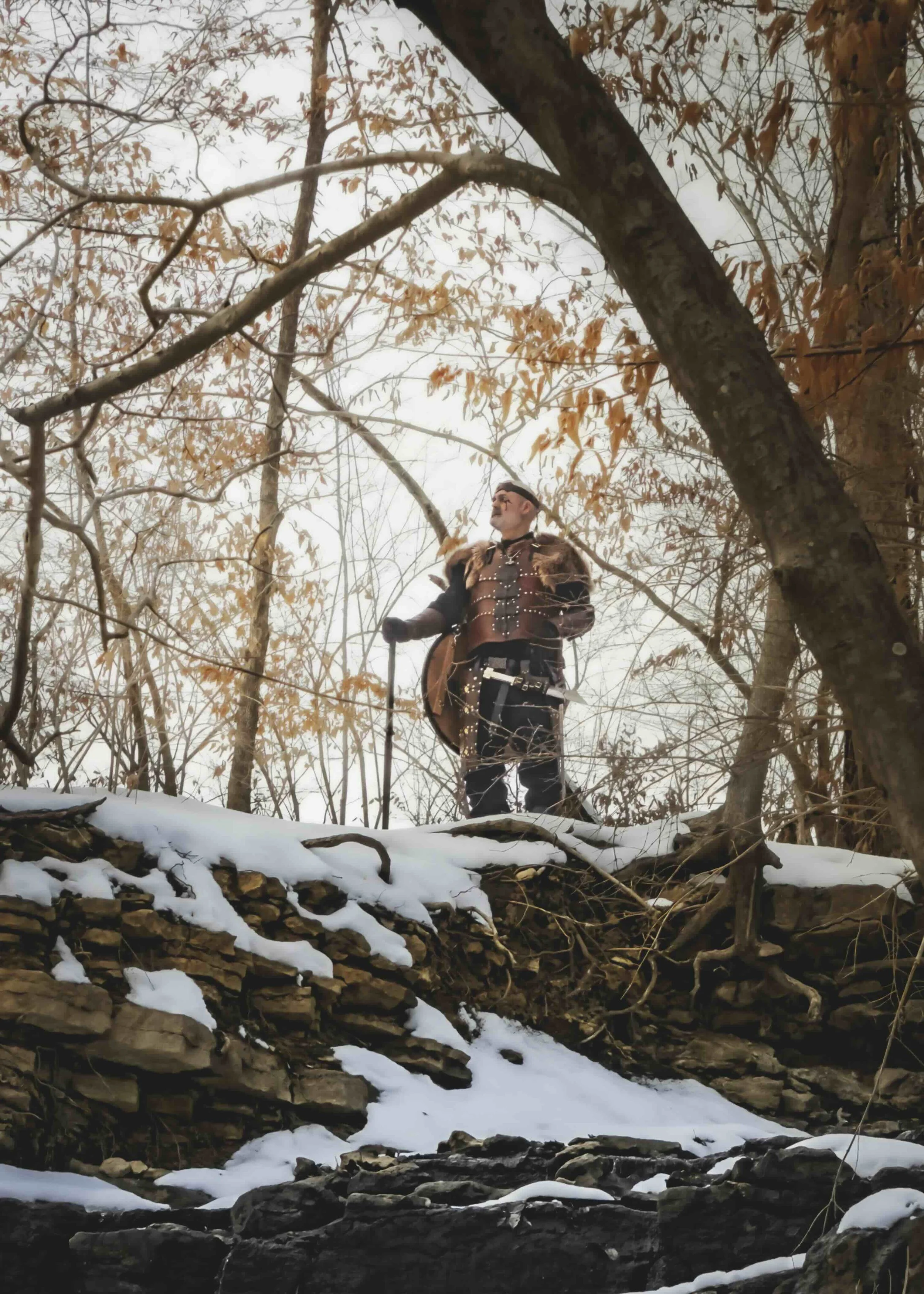 A person dressed in medieval or fantasy armor stands on rocks covered in snow in a forested area, holding a staff or walking stick, with trees and brown leaves around.