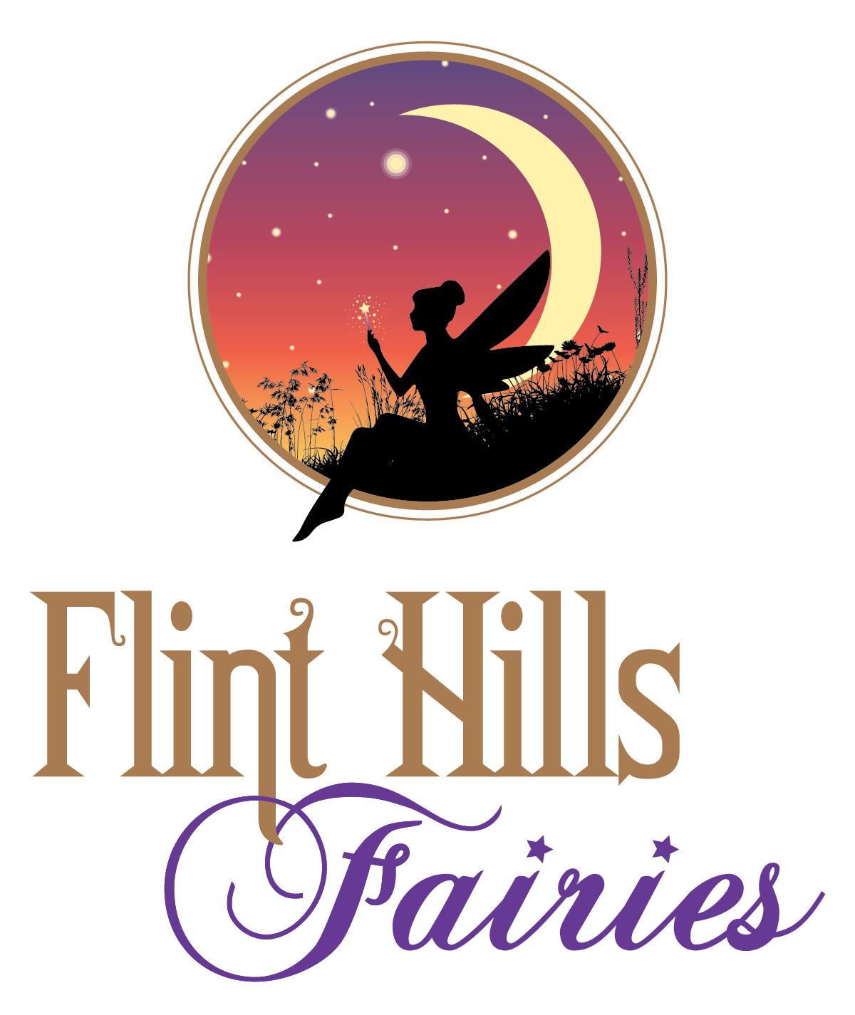A logo for Flint Hills Faries features a silhouette of a fairy with butterfly wings sitting on a hill, holding a wand with a star. The background has a colorful sunset sky with stars, a crescent moon, and clouds, enclosed in a circular frame. The text "Flint Hills Faries" is below the image, with "Faries" written in purple cursive.