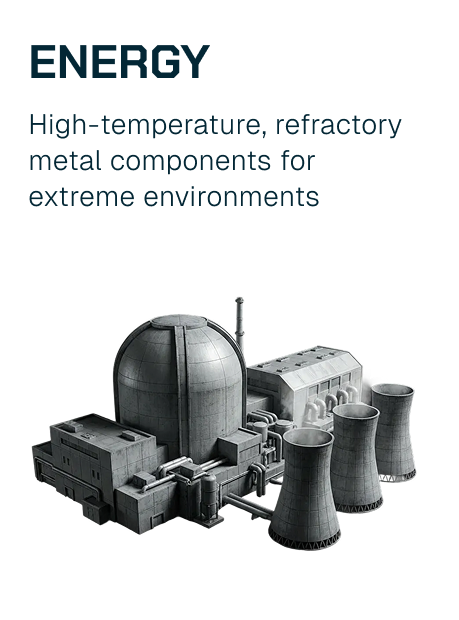 Illustration of a nuclear power plant with cooling towers and a reactor building, representing high-temperature, refractory metal components for extreme environments.