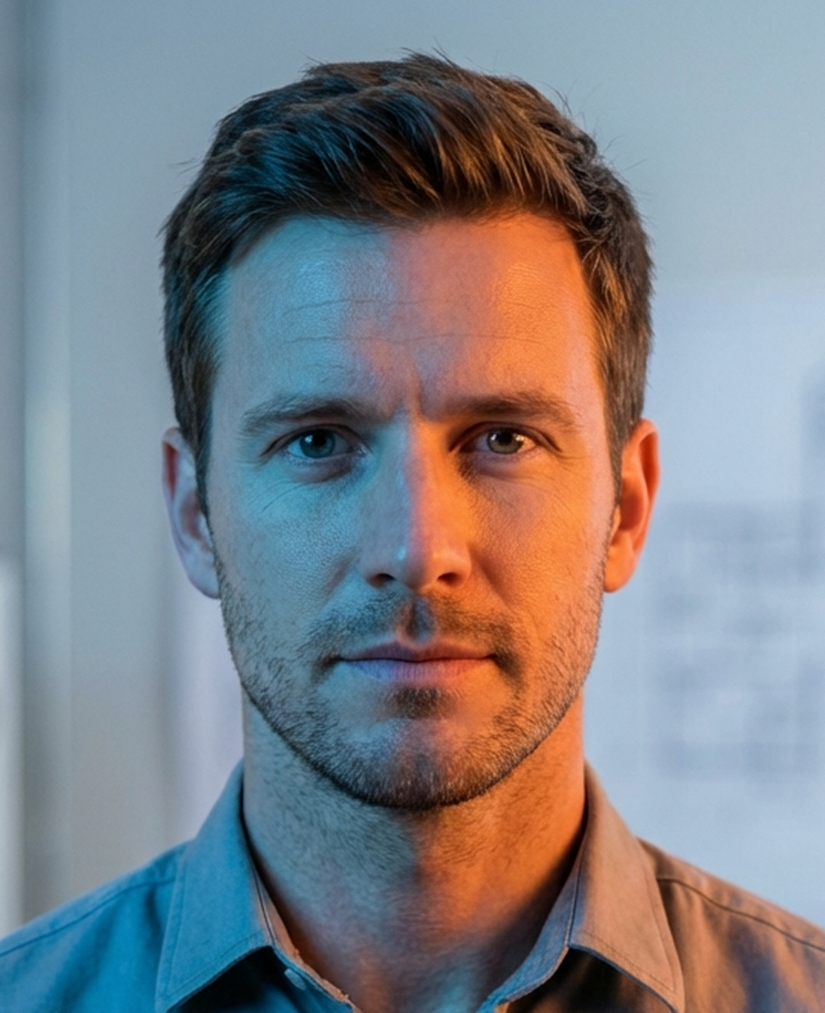 Close-up of a man with short brown hair and slight beard, facing directly, with mixed blue and orange lighting on his face.