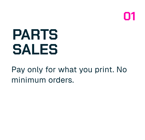 Promotion for parts sales with text indicating pay only for printed items and no minimum orders.