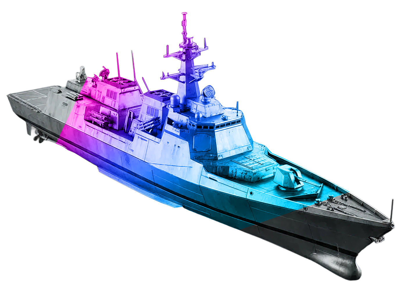 Colorized photo of a modern naval ship, showing the hull, deck, and superstructure with radar and communication equipment.