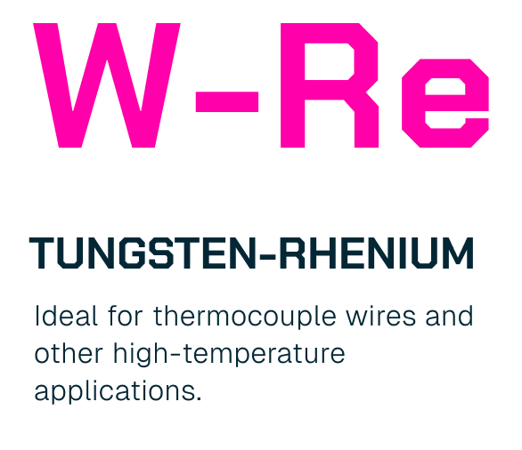 Text displaying a product named W-Re Tungsten-Rhenium, suitable for thermocouple wires and high-temperature applications.