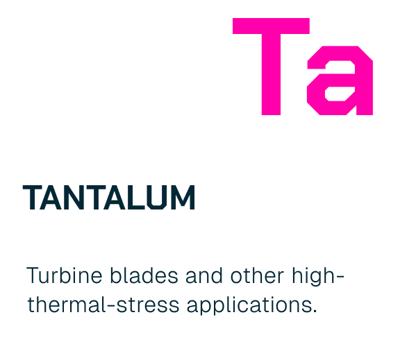 Text on a book cover with a pink and magenta title and black subtitle that reads 'Tantalum' and 'Turbine blades and other high-thermal-stress applications.'