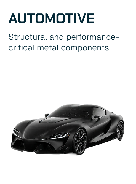 Cover page with the title 'Automotive: Structural and performance-critical metal components' and a black sports car underneath.