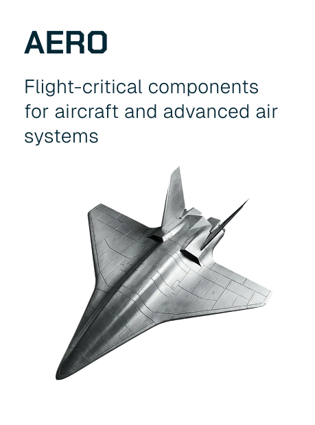 Cover page with the title 'AERO' and subtitle 'Flight-critical components for aircraft and advanced air systems' featuring an image of a silver stealth aircraft with sharp angles and delta wings.