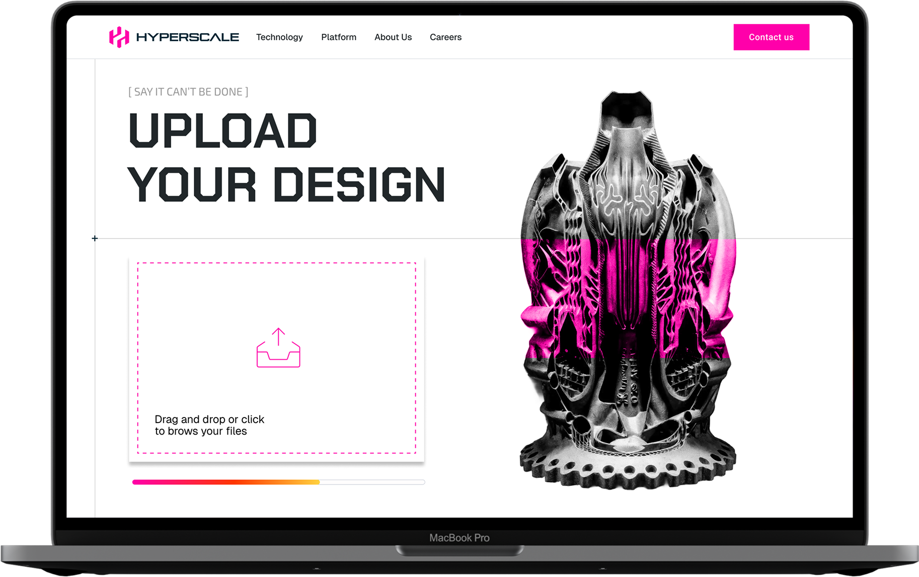 A laptop screen displaying a webpage with the branding 'HYPERSCALE.' The page features a header with navigation links and a bright pink 'Contact us' button. The main section encourages users to upload their design with the text 'UPLOAD YOUR DESIGN' in bold, large font, next to a 3D model of a mechanical skull with pink accents on its sides. There is a drag and drop box for files and a color progress bar at the bottom.