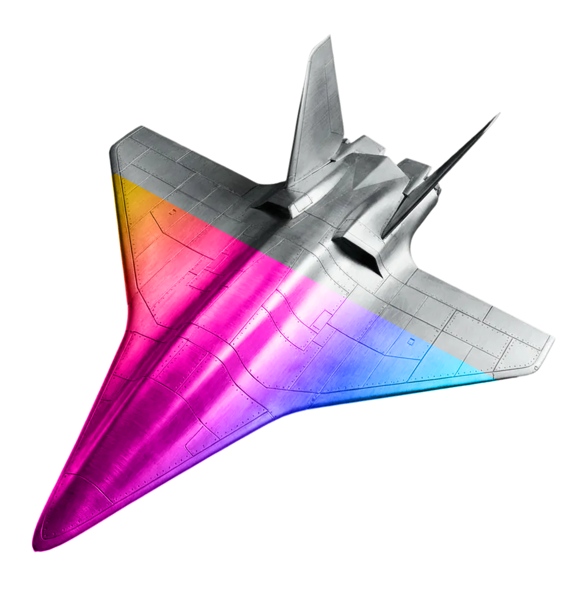 Color-coded graphic image of a futuristic fighter jet with a rainbow gradient overlay on its wings and body, viewed from above against a white background.