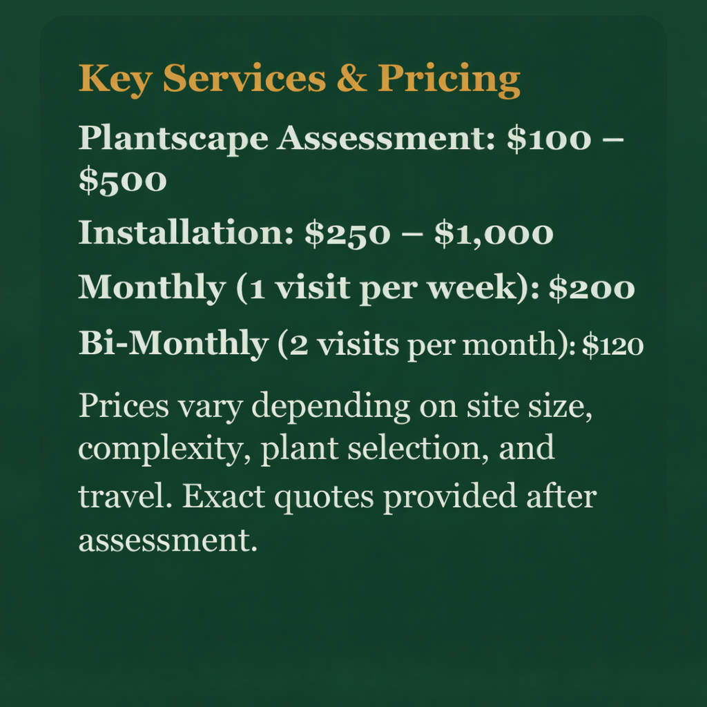 Sign listing key landscaping services and prices, including landscape assessment, installation, monthly, and bi-monthly visits, with notes on pricing factors.