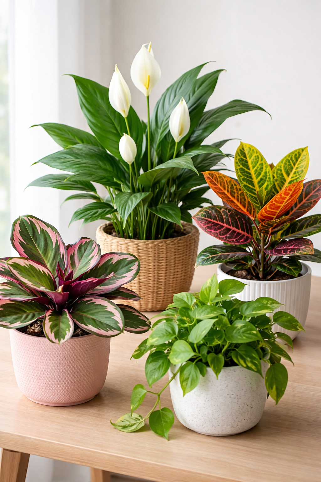 Four potted houseplants on a wooden table, including a peace lily with white flowers, a croton with colorful variegated leaves, a purple basil with pink and green leaves, and a pothos with green leaves.