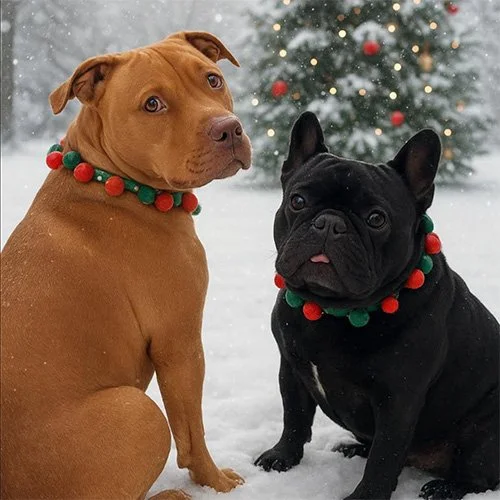 Two dogs, one tan and one black, wearing Christmas garlands with red and green pom-poms, sitting in the snow with a decorated Christmas tree in the background.
