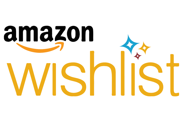 Amazon logo with the word 'wishlist' in large yellow lettering, decorated with colorful star shapes.