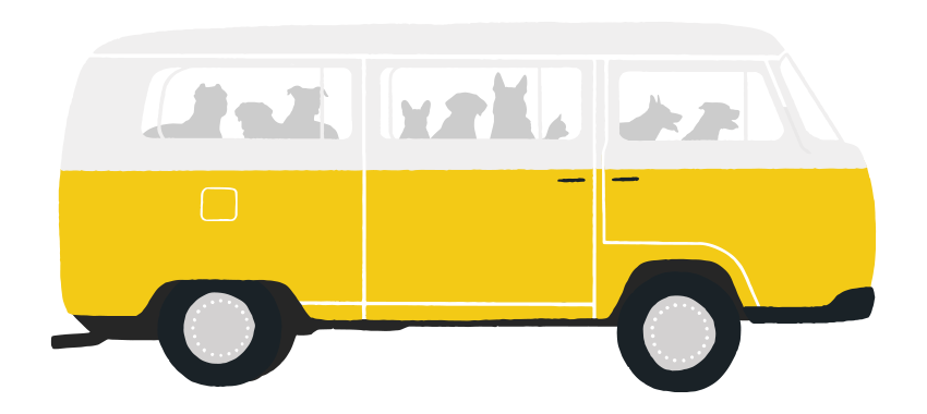 An illustration of a yellow and white VW bus carrying dogs.